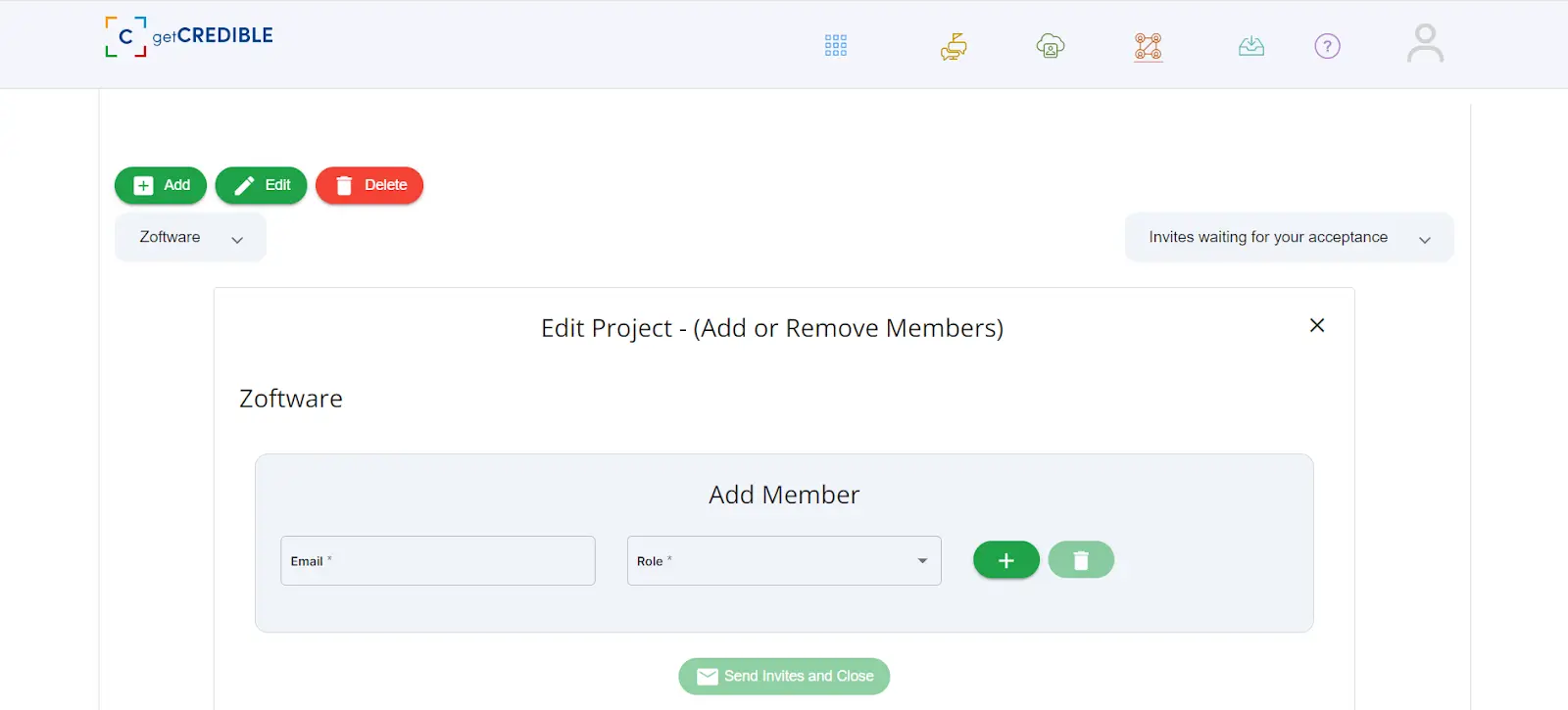 Edit and add members to a project on getCREDIBLE platform, showcasing team collaboration.