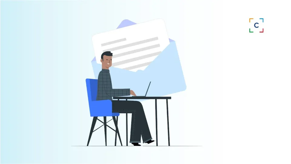 Man at desk typing with document icon in background.