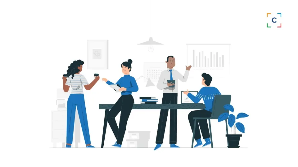 animated illustration of four professionals in a modern office setting
