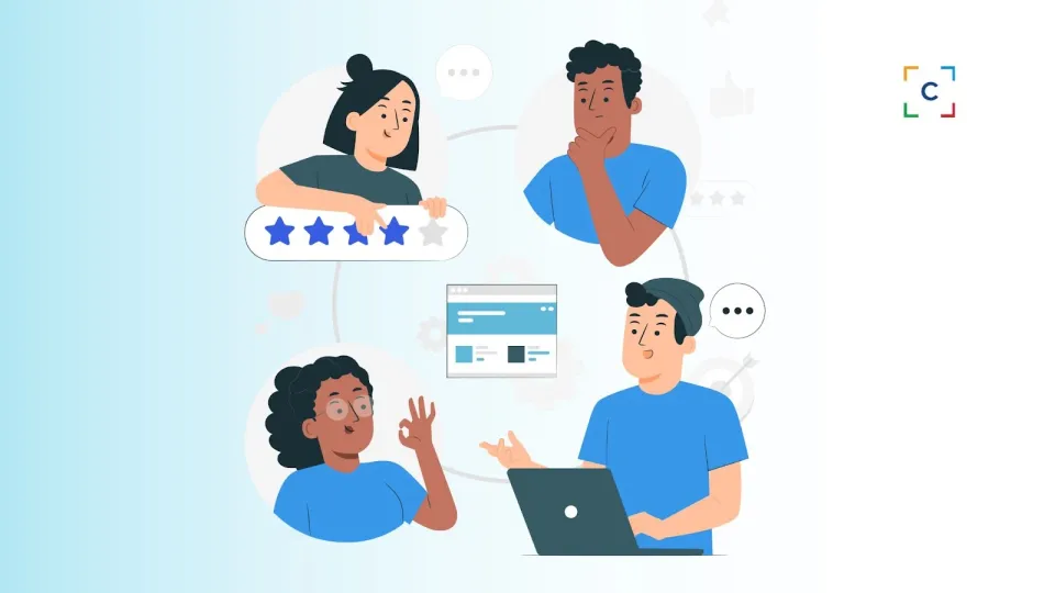 Illustration of diverse people engaging in digital feedback.